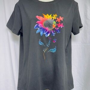 SHEIN Black Tee with Colorful Floral Puzzle Graphic